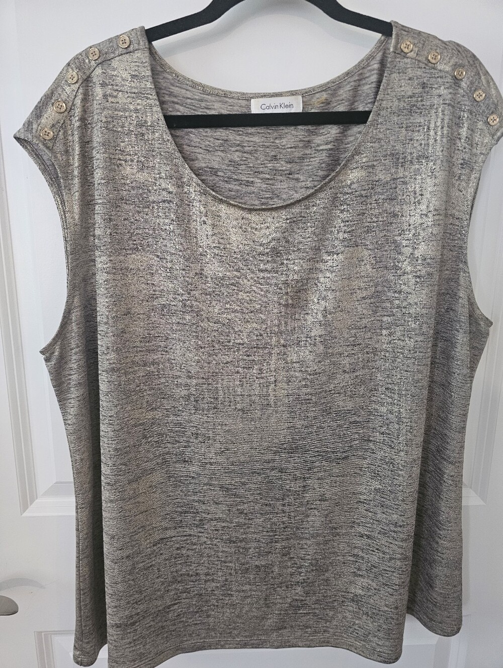 Calvin Klein Shimmer Metallic Silver Sleeveless Tank with Button Accents